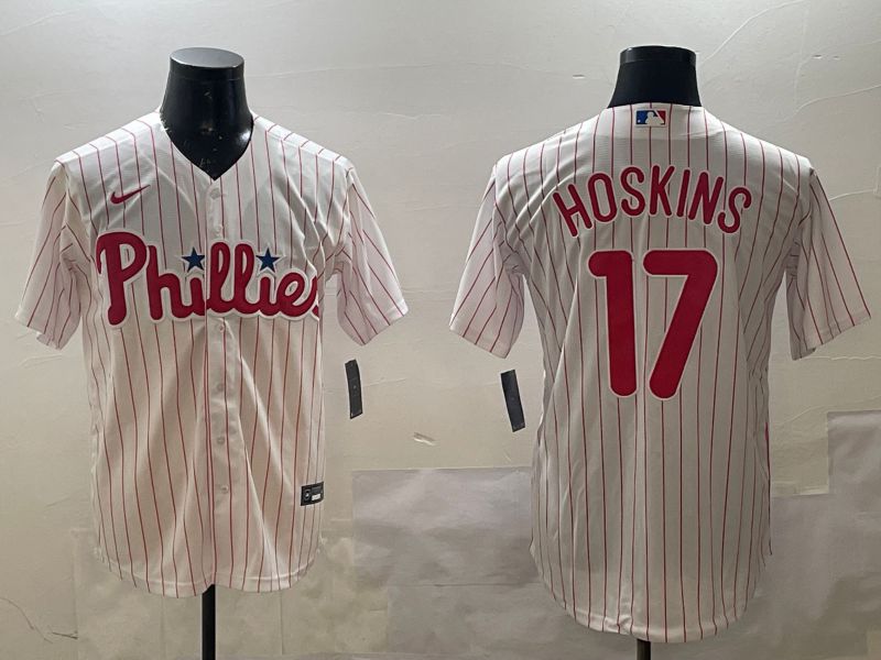 Men Philadelphia Phillies #17 Hoskins White stripe Game 2025 Nike MLB Jersey style 1